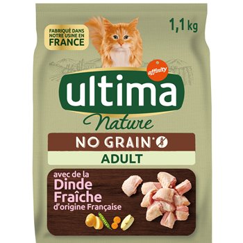 Ultima Nature Grain-Free Cat Food Turkey 1.1 kg – bag of adult cat dry food, made in France with fresh turkey, grain-free recipe and natural ingredients for optimal health.
