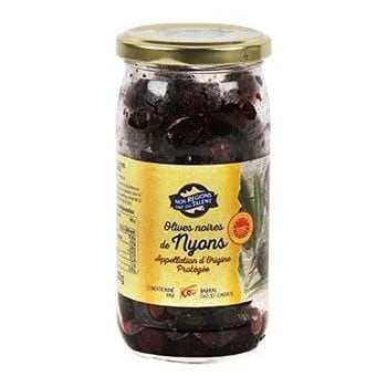 Jar of Nos Régions Black Olives from Île de Nyons 230 g – dark wrinkled Tanche olives from Provence preserved in brine, labelled with French regional guarantee.

