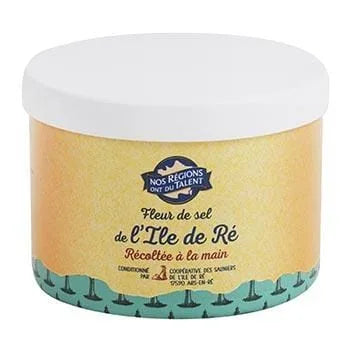 Nos Régions Fleur de Sel de l’Île de Ré 125 g – small artisan package of French hand-harvested fleur de sel from Île de Ré salt-marshes, fine white crystals ready for use.
