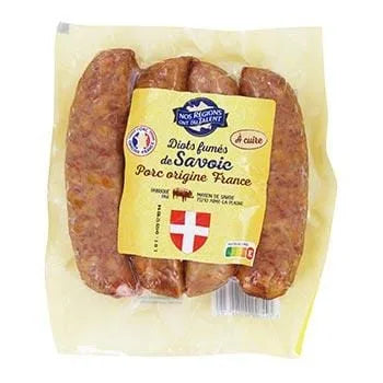 Nos Régions Savoy Smoked Diots 4x90g pack of traditional smoked pork sausages for cooking.