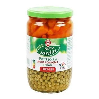 Notre Jardin Carrot Peas Extra Fine 420g glass jar of tender peas and sliced carrots.