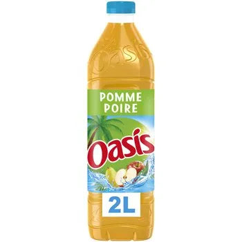 Oasis Apple & Pear 1.5 L – large bottle of still fruit-juice drink made with spring water, 10% apple juice and 2% pear juice, sweetened and refreshing.