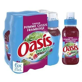 Oasis Apple Raspberry Blackcurrant mini bottle pack 6×25 cl six small bottles of fruity drink.
