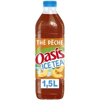 Oasis Ice Tea Peach 1.5 L bottle with vibrant peach-flavoured iced tea for sharing.