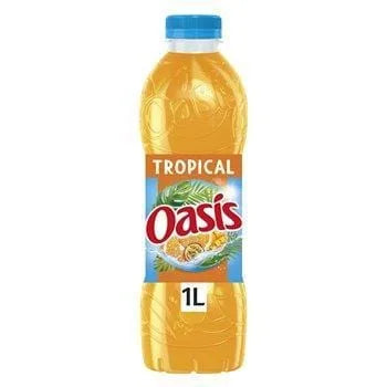 Oasis Tropical 1L bottle of tropical fruit drink blend (orange, pineapple, passion fruit).