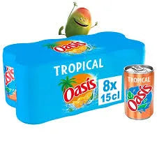 Packaging of Oasis Tropical drinks with a blue container and a can on a white background