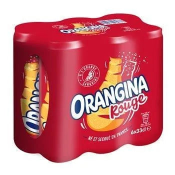 Orangina Red Cans Pack 6×33 cl – set of six red-label sparkling blood-orange soft drink cans with pulp, citrus zest and signature shake ritual.