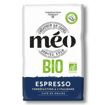 Organic Méo Espresso Coffee Beans 1 kg bag — French roasted Arabica espresso beans, certified organic, Italian-style roast.