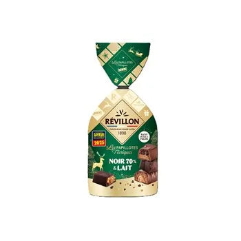 Box of Révillon Papillotes Noël Féerique Chocolat Noir & Lait 360 g – assorted French dark and milk-chocolate wrapped “papillotes” with hidden message inside.