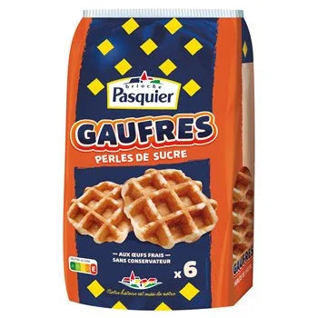 Pack of six Pasquier brioche waffles with sugar pearls in golden packaging, showing soft square waffles with visible white sugar pearls and the Pasquier logo on the front.
