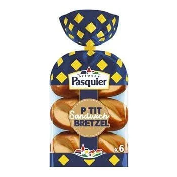 Pasquier Pretzel-Style Loaves (x6) 270 g – six French pretzel-inspired bread loaves with golden salted crust in clear pack, ideal for sandwiches, toasting or brunch.