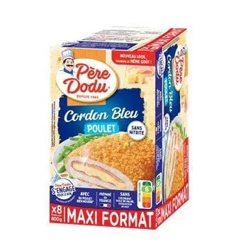 Box of Père Dodu Chicken Cordon Bleu Maxi 800 g (8 breaded chicken fillet-style escalope, cheese & ham filled, ready to bake).