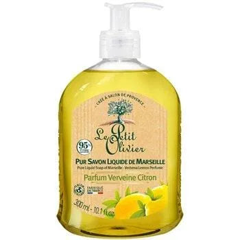 Bottle of Le Petit Olivier Marseille Verbena Lemon Liquid Soap 300 ml – traditional cauldron-baked soap enriched with olive oil, fresh citrus fragrance.