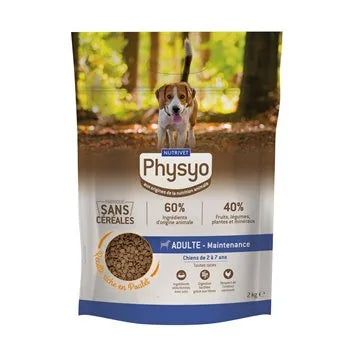 Dog food package with a dog on the label against a forest background