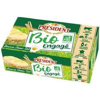 Président Organic Butter Half Salt 250 g – block of French organic half-salt butter made with premium cream from France, smooth texture and rich flavour.