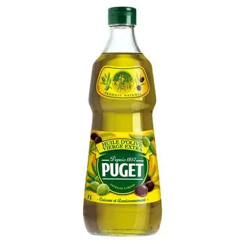 1L bottle of Puget olive oil with green-tinted glass or plastic packaging, featuring olive illustrations, a green label, and the Puget brand logo on the front.
