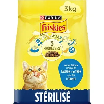 A bag of Friskies brand cat food with a picture of a cat on the front, indicating it is salmon and vegetable flavored, and the weight is 3 kg.