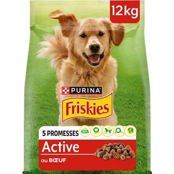 A bag of Friskies Vitafit dog food with a picture of a golden retriever on the front. The bag is labeled as 12kg and has the Friskies logo along with text highlighting the active dog food formula.