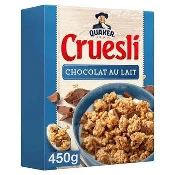 Quaker Milk Chocolate Cruesli 450g cereal box with crunchy oat clusters and chocolate pieces.
