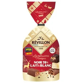 Papillote Révillon Noir Lait et Blanc Féerique 360g – festive French chocolate assortment with dark, milk, and white praline-filled chocolates