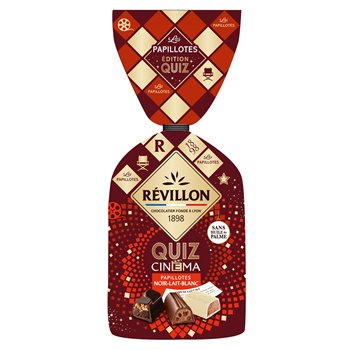 Papillote Quiz Cinéma Révillon Chocolat Noir Lait Blanc 360g – festive French chocolates with praline filling and cinema-themed quiz wrappers