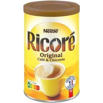 Ricoré Soluble Coffee & Chicory 100 g – jar of French instant coffee and chicory blend, 33% coffee, 33% chicory fibre, 30% soluble chicory, ready to dissolve in hot water or milk.
