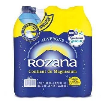 Rozana Sparkling Natural Mineral Water 6×1 L six-pack bottles with French mineral water branding.