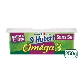 Saint Hubert Salt Free Omega 3 Spread 250g tub of buttery spread with no added salt and omega-3 enrichment.