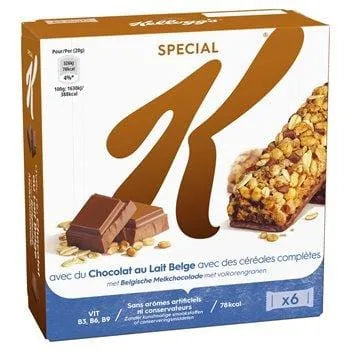 Box of Special K Milk Chocolate Chunk Bars 6x20g with a white and red design, featuring images of the cereal bars with visible chocolate chunks and wholegrain flakes, along with individually wrapped bar illustrations.