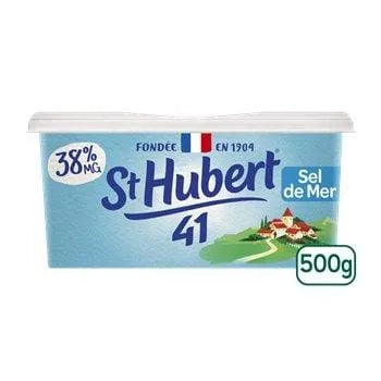 St Hubert 41 Semi-Salted 38% MG 500g tub of light spreadable fat with a smooth texture and balanced salty flavour.