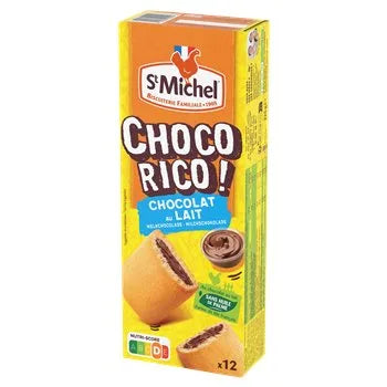 Packaging of Chocorico St Michel Biscuit 225g showing 12 individually wrapped sponge-style biscuits filled with milk chocolate, made by St Michel. The yellow and orange box features a swirl of chocolate filling and the St Michel logo.
