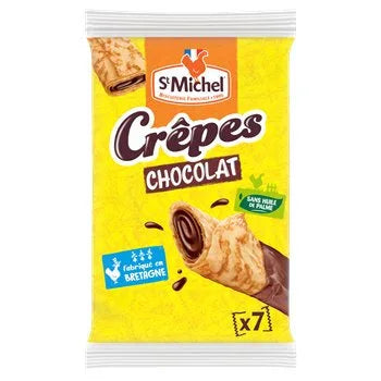 Pack of Saint Michel filled crêpes showing seven individually wrapped soft golden crêpes with creamy filling, displayed on beige packaging with the Saint Michel logo and crêpe imagery on the front.
