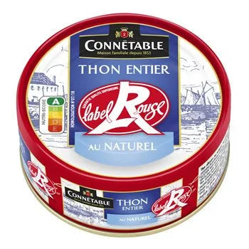112g tin of Connétable albacore tuna in natural juice with a red and gold Label Rouge seal on the can, featuring nautical-themed artwork and the Connétable logo on the packaging.