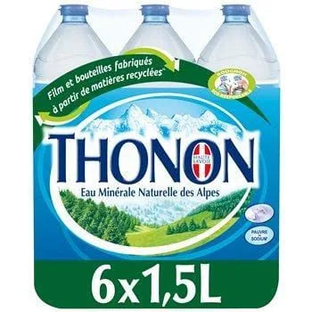 Thonon Mineral Water 6×1.5L pack of natural still Alpine water bottles.