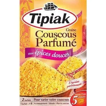 Tipiak Flavoured Couscous 5 min 2x250g – twin pack of French couscous made with durum wheat semolina and aromatic herbs, quick-cooking and delicately seasoned.