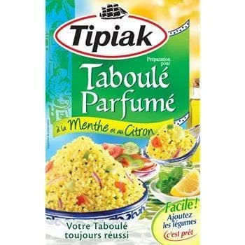 Tipiak Tabbouleh Mint Lemon Olive 2x175g – twin pack of French-made couscous salad with mint, lemon, and olive, light Mediterranean recipe ready in minutes.