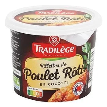 Glass jar of Tradilège Roasted Chicken Rillettes 220 g – French chicken-meat spread, slow-roasted and seasoned, ready to serve on bread or as part of gourmet charcuterie.