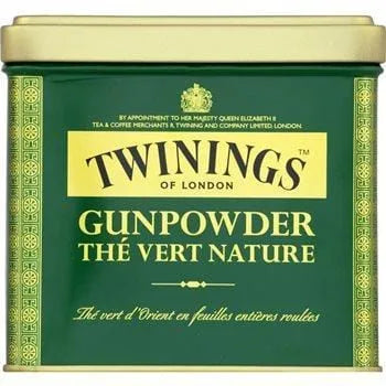 Twinings Gunpowder Green Tea 200 g metal tin featuring green and gold packaging, labelled “Thé Vert Gunpowder Nature,” with image of tea leaves and classic Twinings London branding.