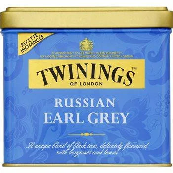 Twinings The Russian Earl Grey Metal Box 150 g – elegant metal tin of loose-leaf black tea blended with bergamot and lemon, accented by cornflower and calendula petals for a premium café-style tea experience.