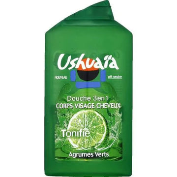 250ml Ushuaia Green Citrus Shower Gel bottle with a green flip-top cap, bright green label featuring citrus fruit imagery and natural elements, and transparent bottle showing the green-tinted shower gel inside.