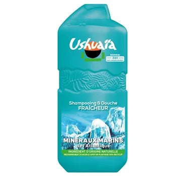 Ushuaéa shampoo and shower gel packaging with blue design and branding.