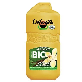 Yellow bottle of Ushuaéa shower gel with vanilla flavor on a white background