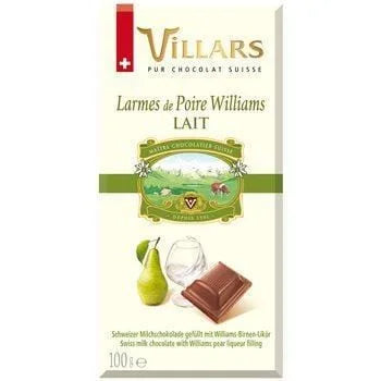 Villars Milk Chocolate Williams Pear Tears 100 g – Swiss milk chocolate bar filled with Williams pear brandy, smooth milk chocolate shell, elegant gourmet treat.