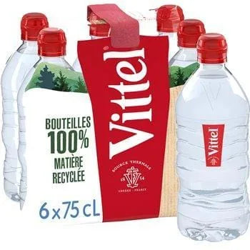Pack of six 75cl Vittel Natural Mineral Water bottles with red sport caps, clear bottles showing the water inside, and the signature red Vittel label running vertically along each bottle.