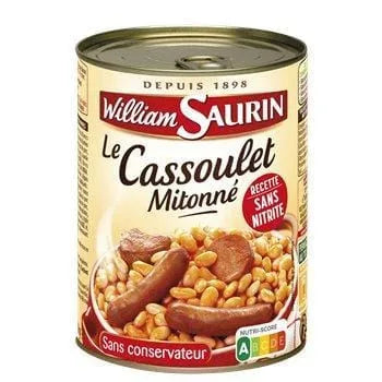 William Saurin Cassoulet 420g – French cassoulet in a 420g tin with white beans, pork, and sausage in tomato sauce, traditional ready-made French meal.