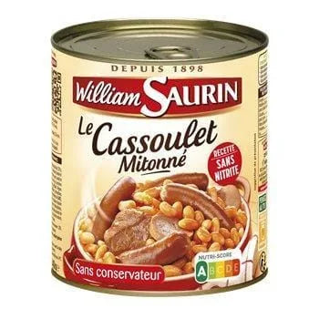 William Saurin Cassoulet 840g – tin of traditional French cassoulet with white beans, pork, and Toulouse sausage in tomato sauce, ready-to-serve meal.