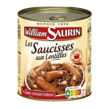 William Saurin Lentil Sausages 840g – tin of French lentils with pork sausages and bacon in a rich, savoury sauce, traditional ready-made meal from William Saurin.