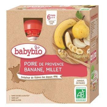 Gourde bébé Babybio - 6 mois Banane millet / Poire - 4x90g