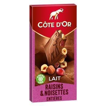 Tablette chocolat Côte d'Or Lait raisin/noisettes - 180g
